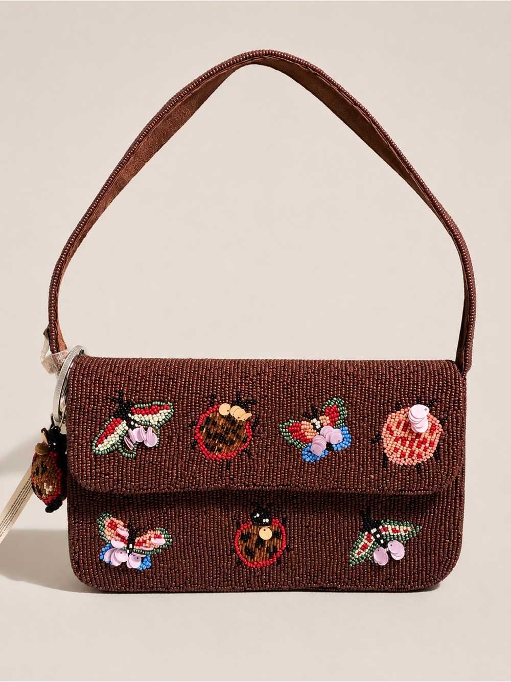 Viral Insect Bug Ladybug Butterfly Brown Beaded Shoulder Bag NWT